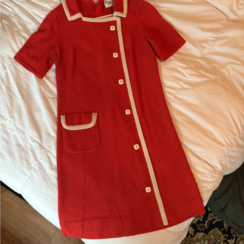 Vintage 60s Red Knit dress with Cream Trim and buttons